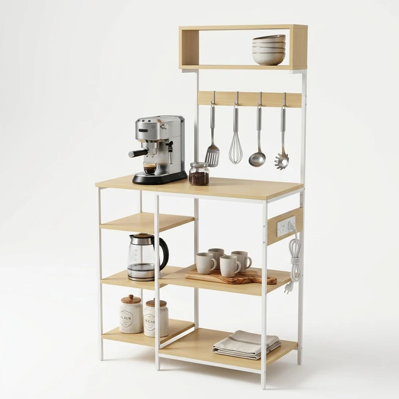 Relaxdays Kitchen Shelf with Sockets & USB, Microwave Stand, Wood-Look Metal, 151x82x40 cm, Natural/White