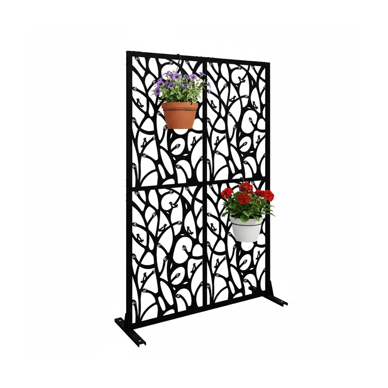 Relaxdays outdoor privacy screen, vines & birds, garden, balcony & terrace, HxW: 183 x 115 cm, metal, black