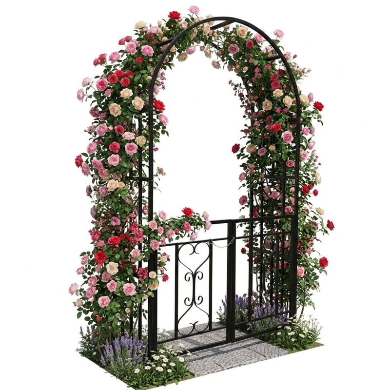 Relaxdays metal rose arch, round garden arch with gate, HxWxD: 206 x 114 x 50 cm, double door, romantic, black - Image 1