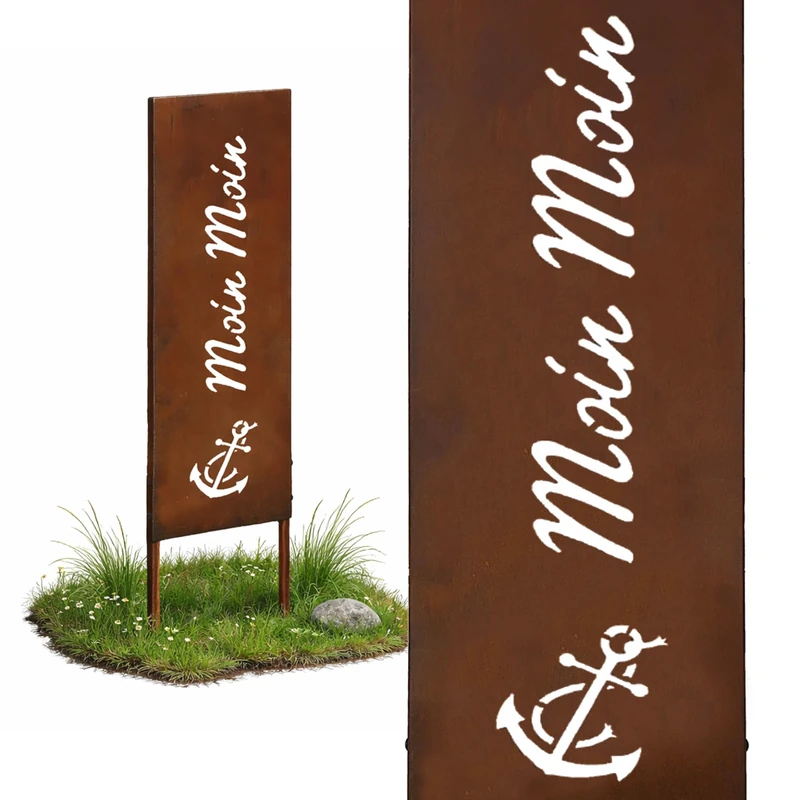 Relaxdays Rust-Patina Garden Stake, Moin Moin, Weatherproof, Rustic Iron, 115 x 28 x 1.5 cm, Brown