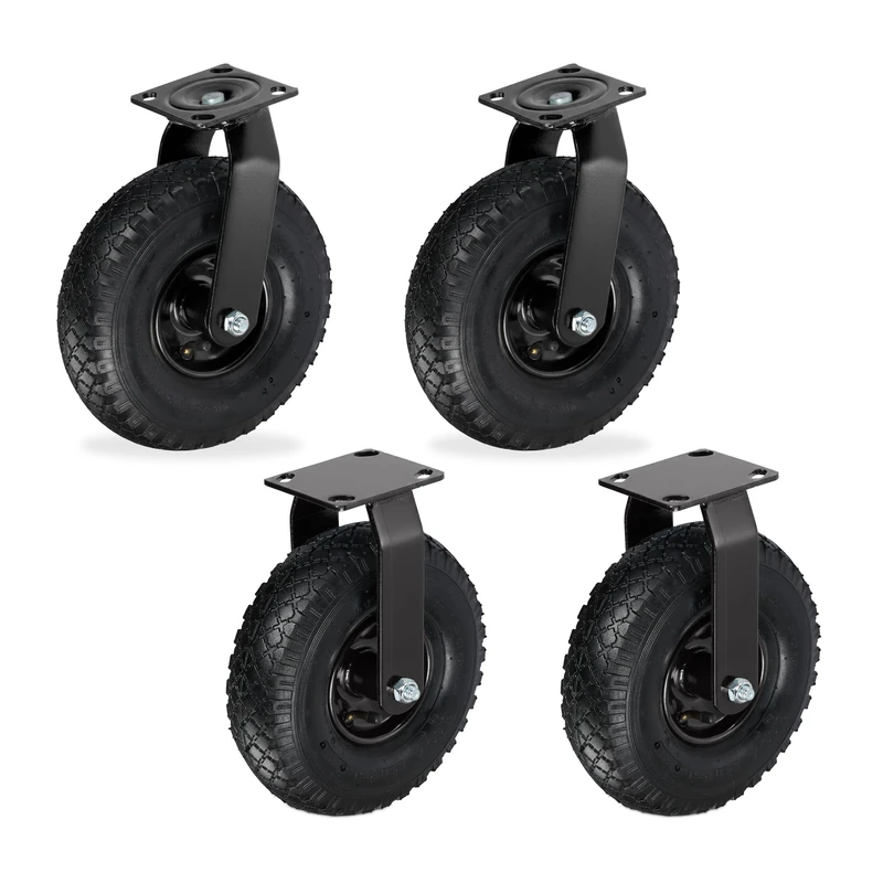 Relaxdays Set of 4 Heavy-Duty Pneumatic Wheels with Fixed and Swivel Castors, 3.00-4, Plate Mount, Black
