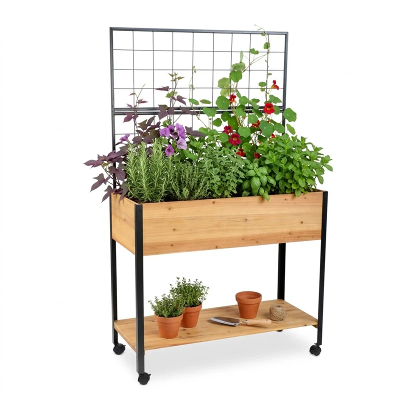 Relaxdays Raised Planter with Trellis, Storage Shelf, Castors, 165x102x47.5cm, Wood & Steel, Natural/Black