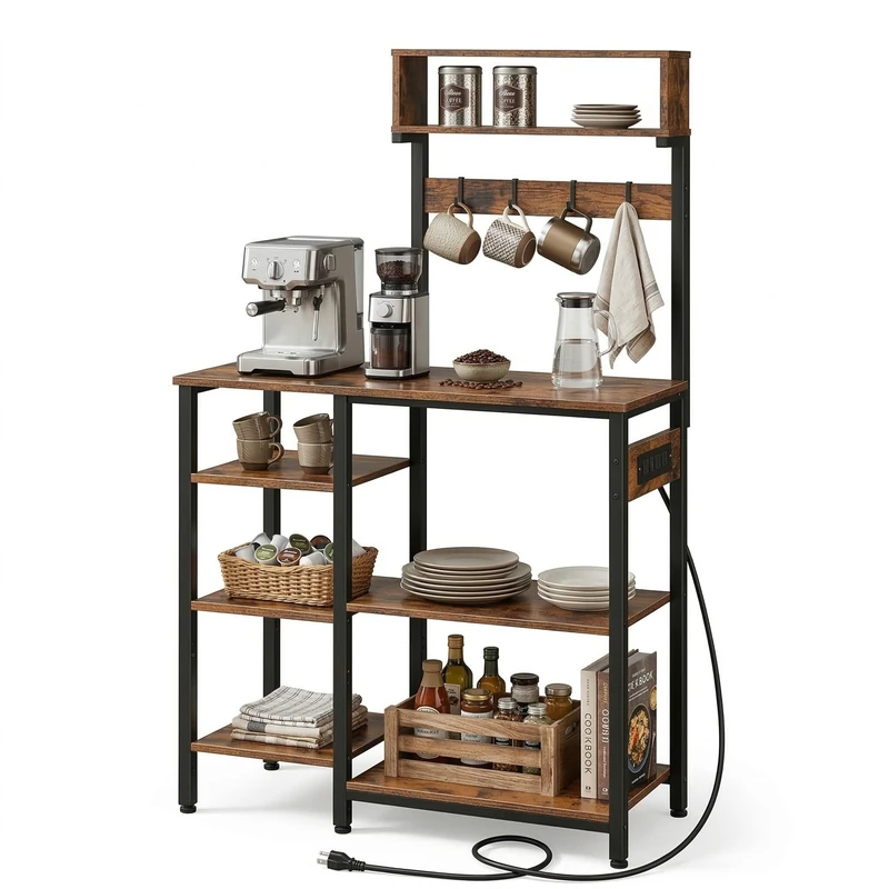 Relaxdays kitchen shelf with sockets & USB, H x W x D:151x82x40cm, microwave shelf, wood-effect, brown/black