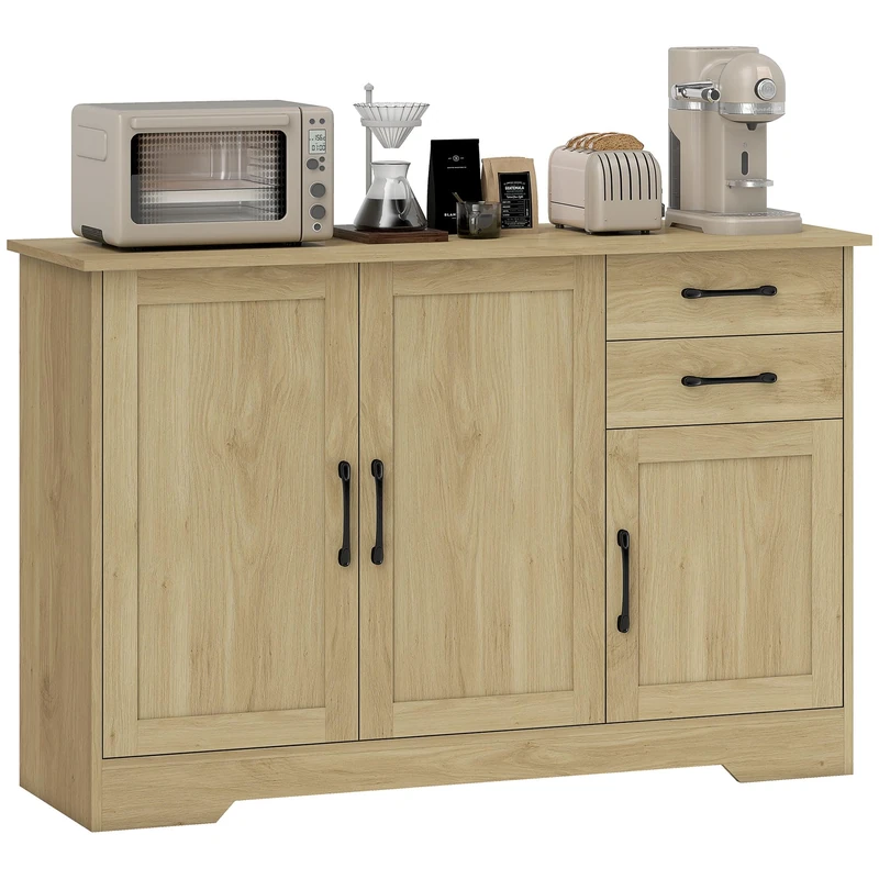 HOMCOM Sideboard with Soft-Close Doors, Modern Storage Cabinet, Kitchen Cupboard with 2 Drawers, Adjustable Shelf and 3 Doors for Dining Room, Living Room, Natural Wood Finish
