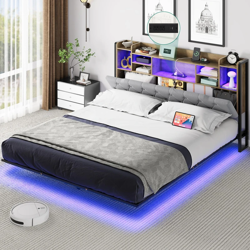 YITAHOME Bed Frame,LED with Headboard,USB Ports & Charging Outlets,Metal Platform Bed Frame with 2 Tiers Storage Shelves, No Box Spring Needed King Size Light Grey Color - Image 1