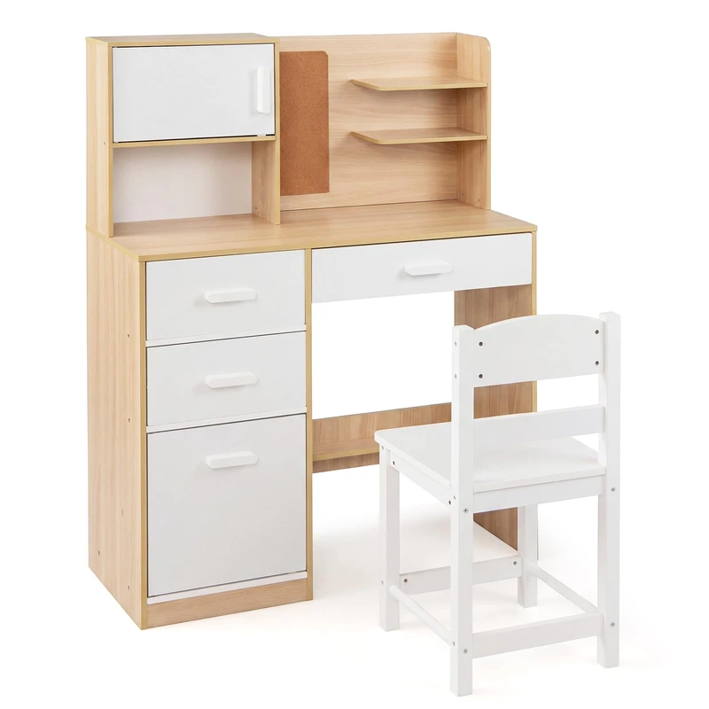 GYMAX Kids Desk and Chair Set, Children Writing Table with Hutch, 3 Drawers, 2 Storage Cabinets and Bulletin Board, Wooden Study Desk Set for 3 Years Old+ Boys Girls (Natural + White)