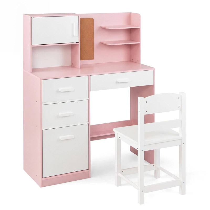 GYMAX Kids Desk and Chair Set, Children Writing Table with Hutch, 3 Drawers, 2 Storage Cabinets and Bulletin Board, Wooden Study Desk Set for 3 Years Old+ Boys Girls (Pink+White)