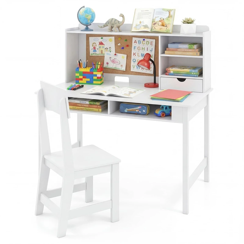GYMAX Kids Desk and Chair Set, Wooden Children Study Table with Storage Space and Bulletin Board, Toddler Writing Desk Set for Boys Girls, 110 x 60 x 110 cm (White) - Image 1