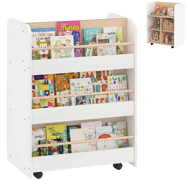 GYMAX Double-sided Kids Bookcase, Wooden Children Bookshelf with Wheels, Toys Storage Unit for Living Room Playroom Nursery