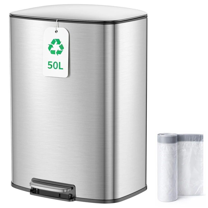 YEAUPE PRO Kitchen Bin 50L, Pedal Bin with Soft-Close Lid, Stainless Steel Rubbish Bin for Recycling and Waste with Handle, Removable Inner Buckets Trash Can, with 15 Bin Liners, Matte Silver