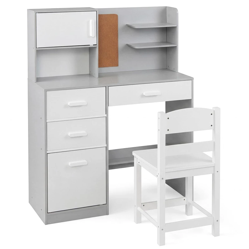 GYMAX Kids Desk and Chair Set, Children Writing Table with Hutch, 3 Drawers, 2 Storage Cabinets and Bulletin Board, Wooden Study Desk Set for 3 Years Old+ Boys Girls (Grey+White)