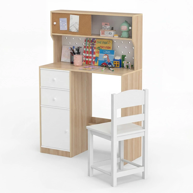 GYMAX Kids Desk and Chair Set, Children Writing Table with 2 Drawers, Pegboard, 2 Storage Cabinets and Bulletin Board, Wooden Study Desk Set for 4-7 Years Old (Natural + White)