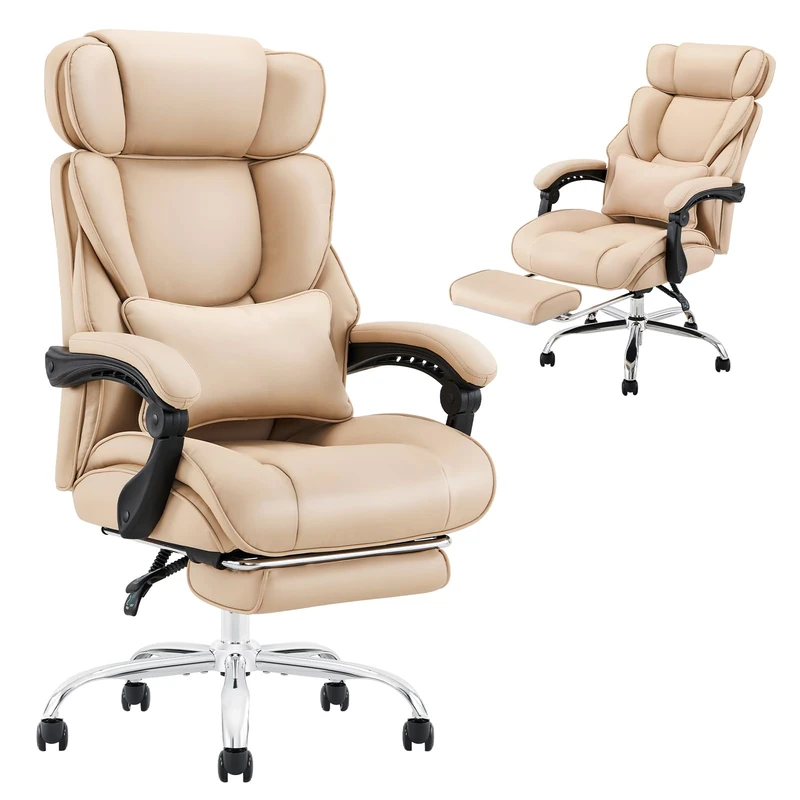 COLAMY Office Chair with Footrest-Ergonomic High Back Design Executive Computer Desk Chair with Removable Lumbar Pillow, 90-135°Reclining, Thick Bonded Leather for Home Office Work Comfort (Khaki)