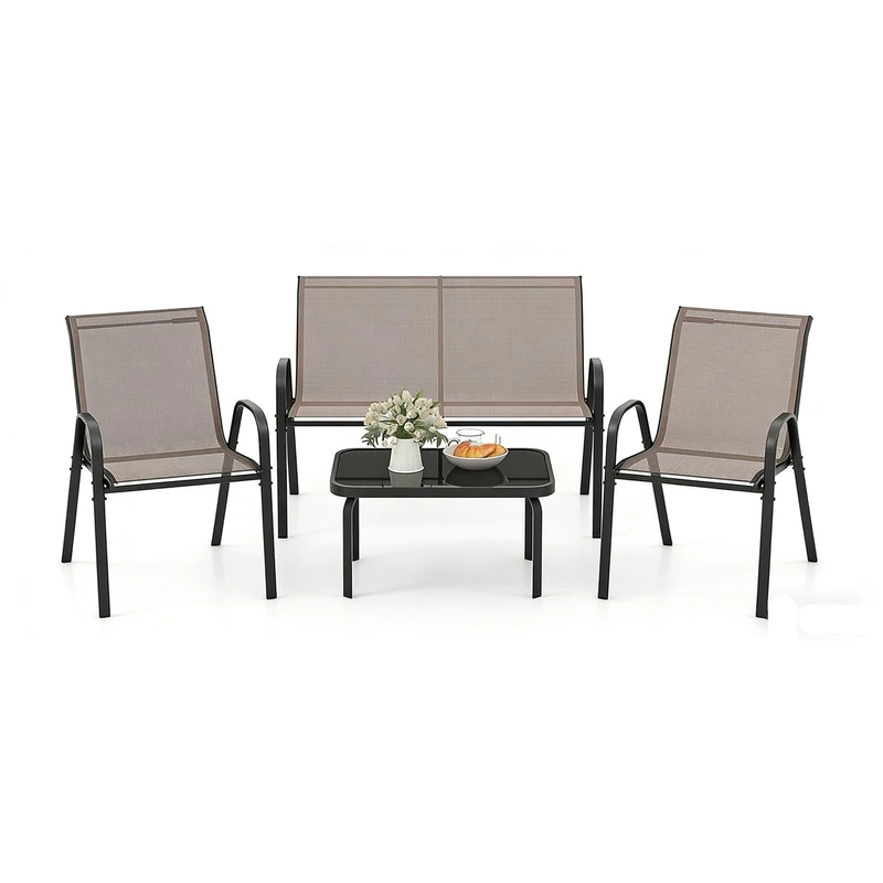 RELAX4LIFE 4 Pieces Patio Furniture Sets, Outdoor Sofa Set with 2 Armchairs, 2-Person Love Seat & Coffee Table, Metal Frame Garden Conversation Sets for Lounge Backyard Poolside (Grey)