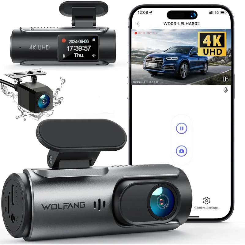 WOLFANG 4K Dash Cam Front and Rear WiFi Dashcam, Dual Car Camera Dash Cam with Super Night Vision, Loop Recording, G-Sensor, 170 Wide Angle, Parking Guard, APP Control - Image 1