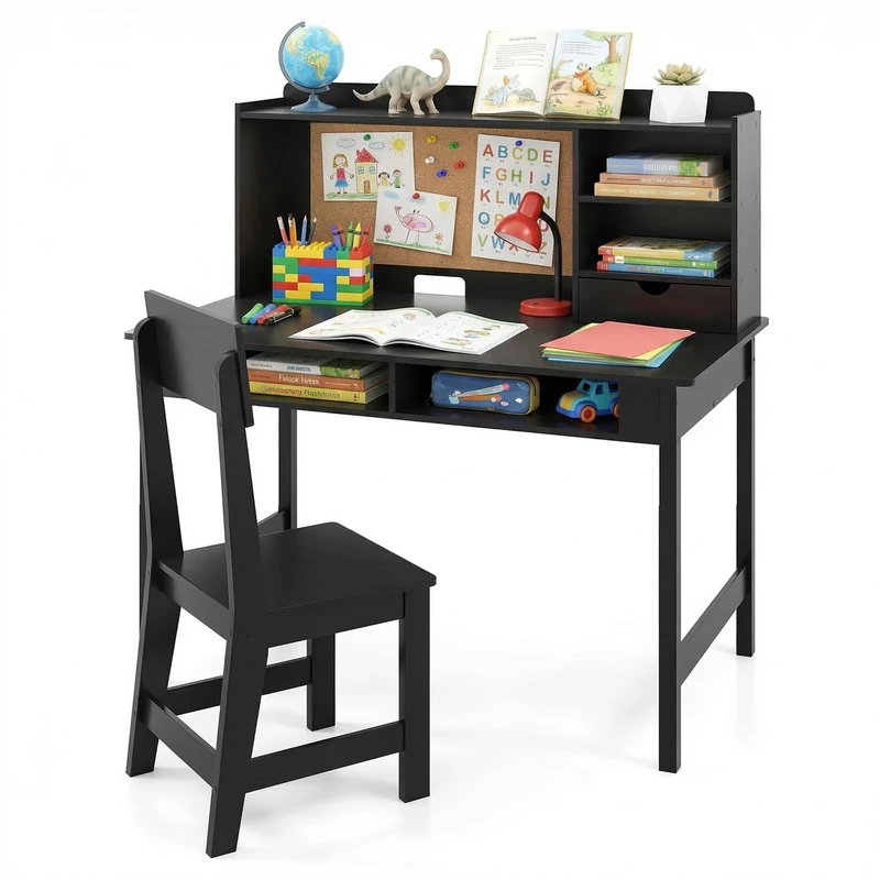 GYMAX Kids Desk and Chair Set, Wooden Children Study Table with Storage Space and Bulletin Board, Toddler Writing Desk Set for Boys Girls, 110 x 60 x 110 cm (Black) - Image 1