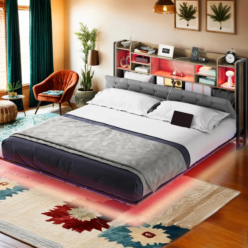 YITAHOME Bed Frame,LED with Headboard,USB Ports Charging Outlets,Metal Platform Bed Frame with 2 Tiers Storage Shelves, No Box Spring Needed King Size Grey Type