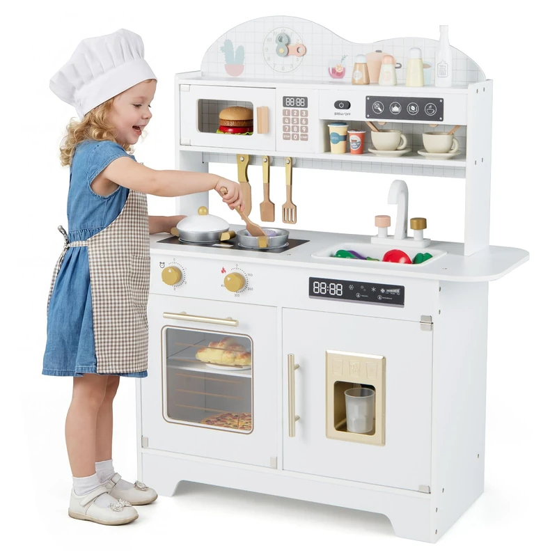 GYMAX Kids Play Kitchen, Wooden Toy Kitchen with Stoves, Oven, Coffee Maker, Microwave and 17 Pcs Accessories, Children Cooking Role Playset for 3+ Years Old (White)