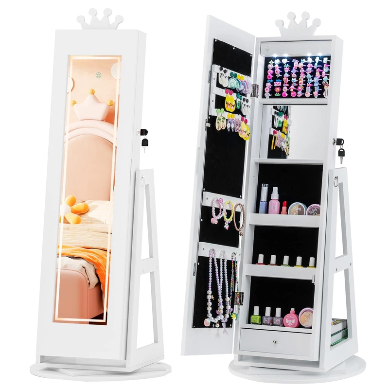 GYMAX Kids Jewelry Cabinet, Freestanding Girls Jewelry Organizer with Full-Length Mirror, Drawer and Anti-toppling System, 360°Swivel Children Jewelry Armoire for Bedroom (White, Crown with Lights)