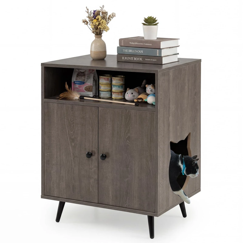 GYMAX Wooden Cat Litter Box Enclosure, Hidden Kitty Washroom Storage Cabinet Nightstand Side Table with 2 Doors and Open Compartment, Cat House Pet Crate for Living Room & Bedroom (Gray)