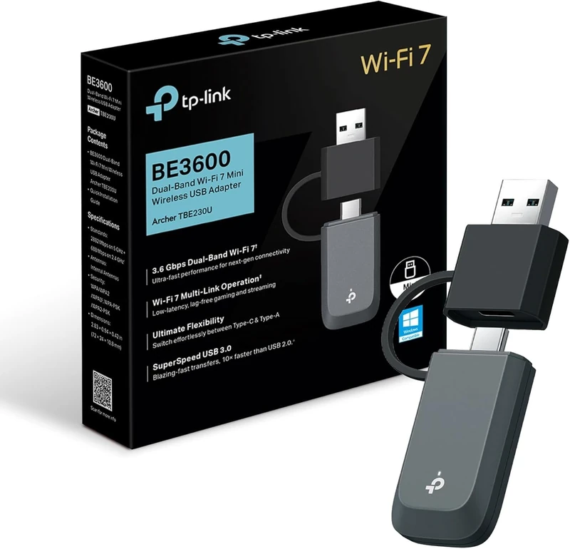 TP-Link Archer TBE230U WiFi Stick 7 BE3600 for PC, USB-C & USB-A WiFi Adapter, Dual Band 5GHz/2.4GHz WiFi Flash Drive, USB 3.0, MLO, WPA3, Windows 11/10