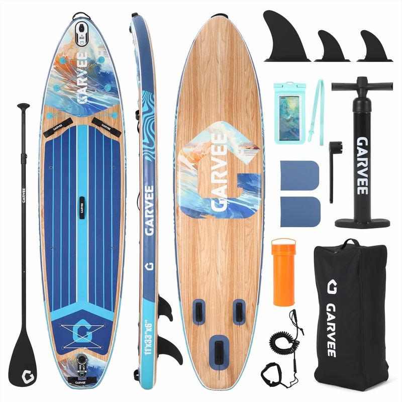 GarveeLife Stable Inflatable Paddle Board with Non-Slip EVA Deck, Tri Fin - Gradient Light Wood Grain SUP Complete Kit with Backpack, Pump & Paddle for Adults & Family Water Sports