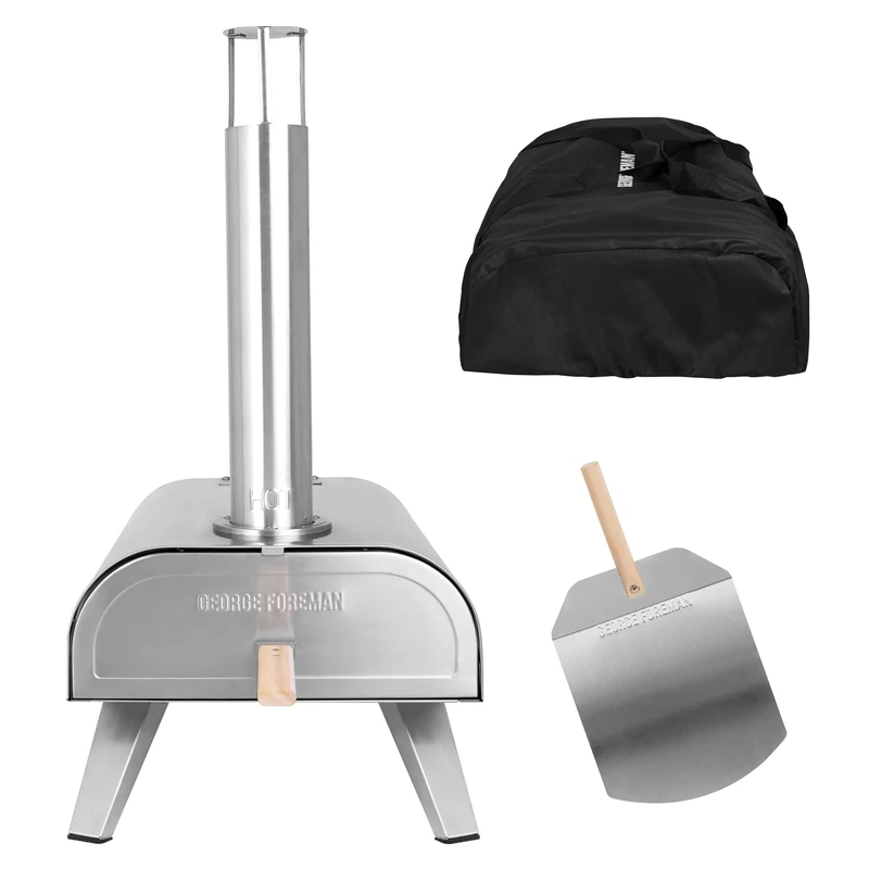 George Foreman 12'' Portable Dual Fuel Powered Pizza Oven in Stainless Steel with Carry Bag & Paddle, Wood Pellet or Gas BBQ Oven & Smoker GFDFPO2SSPC - Image 1