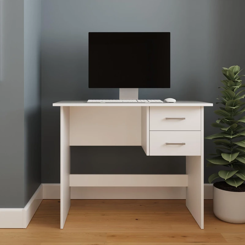 Bailey 2 Drawer Computer Desk White Compact Home Office Writing Desk with Storage, Modern Study Table for Bedroom Living & Small Spaces