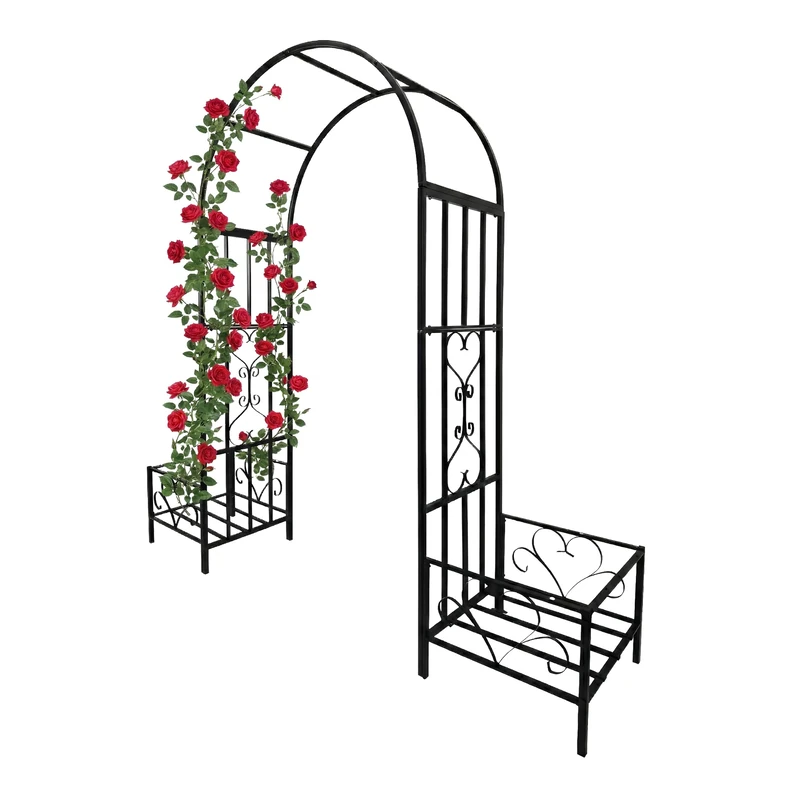 Relaxdays Metal Rose Arch, with Planters, Garden Arch, HWD 206x216x50cm, Trellis for Climbers, Black