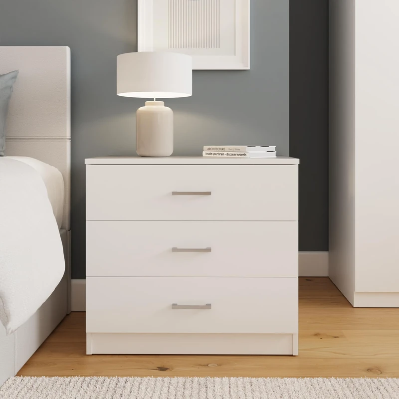 Bailey 3 Drawer Chest of Drawers Modern Bedside Table Cabinet, Compact Nightstand Storage Unit for Bedroom, Living Room & Small Spaces, White