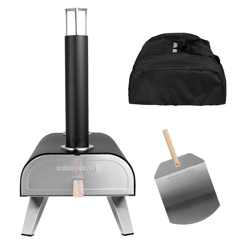 George Foreman 12'' Portable Dual Fuel Powered Pizza Oven in Black with Carry Bag & Paddle, Wood Pellet or Gas BBQ Oven & Smoker GFDFPO2BPC