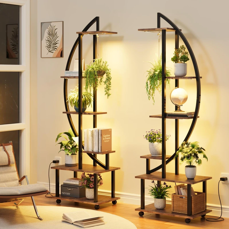 Garvee Set of 2 Indoor Plant Shelves 6 Levels with Adjustable Casters, Metal and Wood Half Moon Stand, Corner Flower Cabinet 175 cm Tall with Hooks for Living Room, Garden, Balcony - Image 1