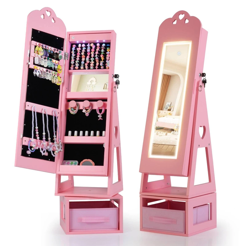 GYMAX Kids Jewelry Cabinet, Freestanding Girls Jewelry Organizer with Full-Length Mirror, Drawer and Anti-toppling System, 360°Swivel Children Jewelry Armoire for Bedroom (Pink, Heart with Lights)