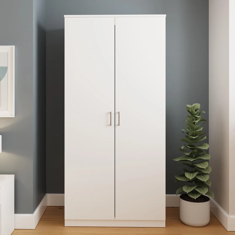 Bailey White 2 Door Wardrobe with Shelves & Hanging Rail – Modern Bedroom Clothes Storage Cabinet W79 x D46.5 x H165 cm
