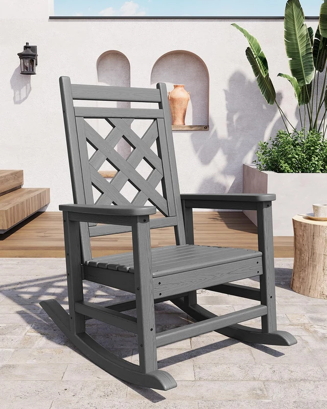 GarveeHome Weatherproof Rocking Chair Made of HDPE, Outdoor Lounge Chair with Checked Backrest and Armrests, Large Rocking Chair with High Backrest, for Pool and Patio, 61 x 89 x 102 cm