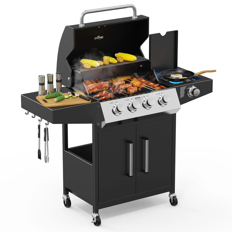 ROVSUN 4+1 Burner Gas BBQ Grill, Outdoor Portable Barbecue with Side Burner, Warming Rack, Cabinet, Side Shelves, Temperature Gauge - Steel Barbecue Trolley, for Garden, Party, Camping,Outdoor Cooking