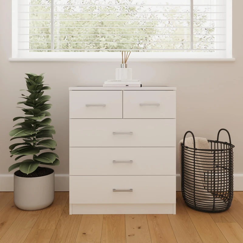 Bailey White 2+3 Drawer Chest of Drawers – Modern Bedroom Dresser Storage Unit, Minimalist Tall Drawer Cabinet Furniture with Spacious Organisation