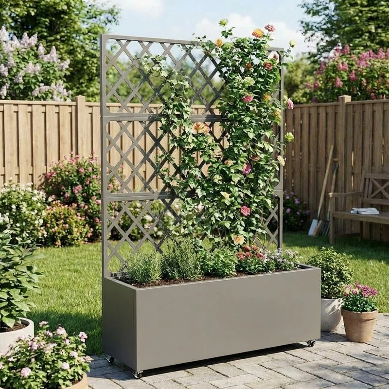 Garvee Mobile Raised Bed with Trellis - Metal Planter with Wheels, Drainage Holes & Privacy Screen - Outdoor Garden Flower Box for Vegetables, Herbs & Climbing Plants - Grey, 89 x 180 cm Europe