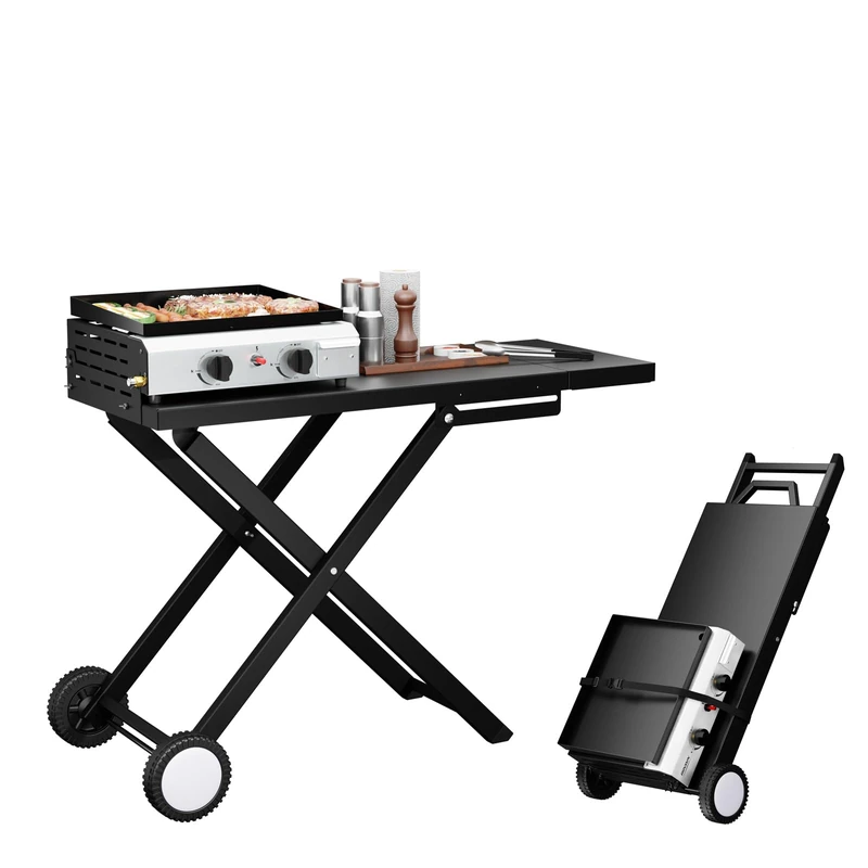 ROVSUN 2 Burner Portable Propane Griddle with Enameled Tray & Wheels, 20000 BTU Foldable Flat Top Gas Grill with Electronic Ignition & Regulator - Outdoor Cooking BBQ Tailgating Picnic Party Camping
