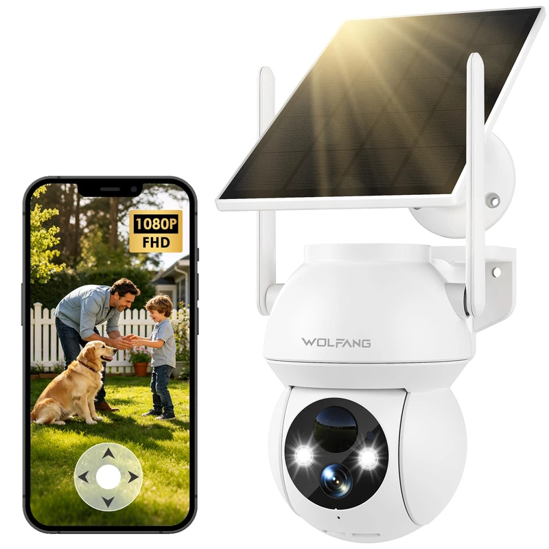 WOLFANG 1080P Solar Security Camera Outdoor, 360° PTZ WiFi Camera (2.4G Only), PIR Motion Detection, Color Night Vision, Two-Way Audio, IP65, Works with Alexa & Google Home, No Monthly Fee