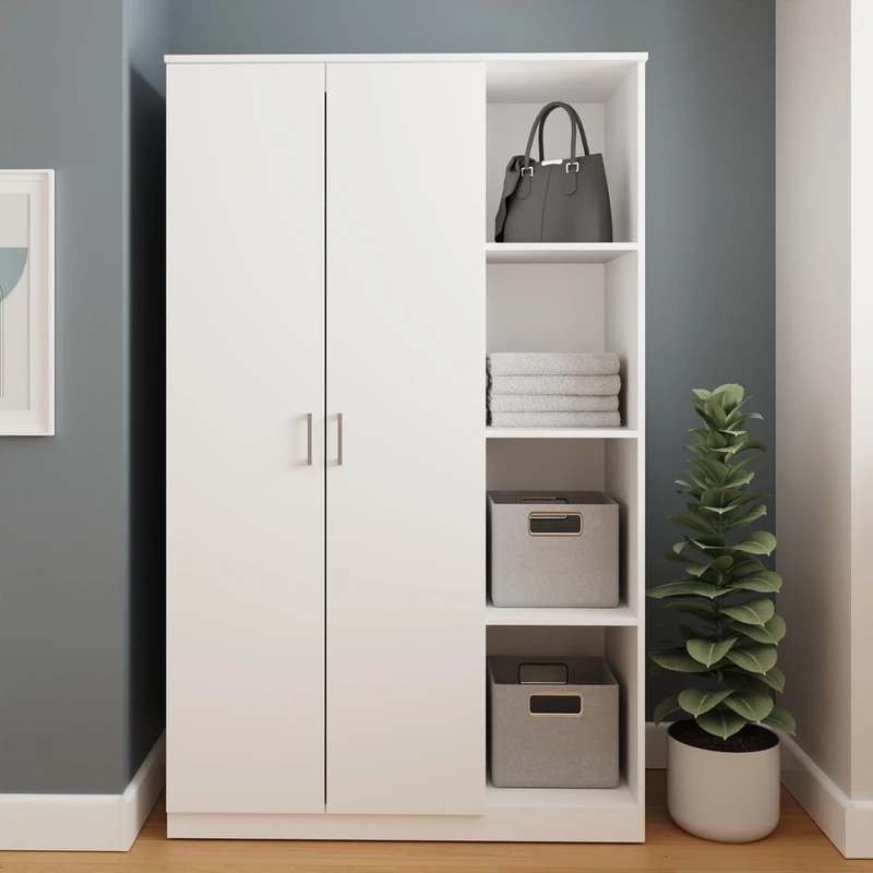 Bailey White 2 Door Wardrobe with 4 Open Shelves & Hanging Rail Organisation, Modern Minimal Bedroom Clothes Storage Cabinet Cupboard