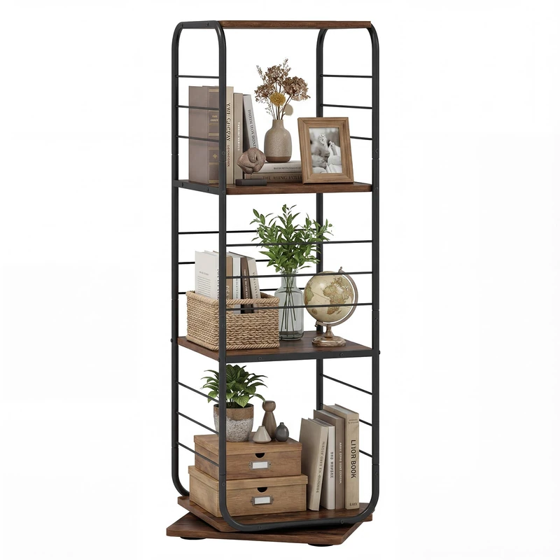 CASART 4-Tier Rotating Bookshelf (Black + Rustic Brown)
