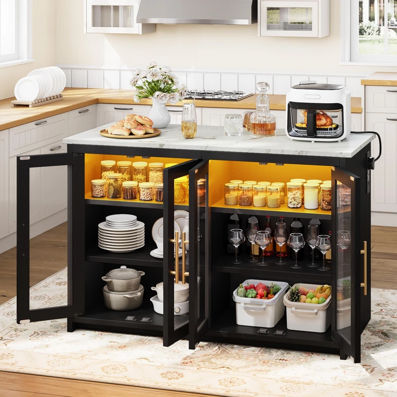 YITAHOME kitchen island with Power Outlet and LED Lights, breakfast bar table with seating space, double cabinets with Acrylic Doors, three layer adjustable Cabinet, 130 * 60 * 88.5cm, Marble effect