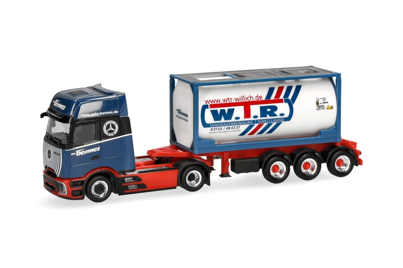 Herpa truck model Mercedes-Benz Actros L ProCabin Gigaspace 20ft tank container semitrailer "Bermes", on a scale of 1:87, plastic miniature, made in Germany, model building, collectors edition
