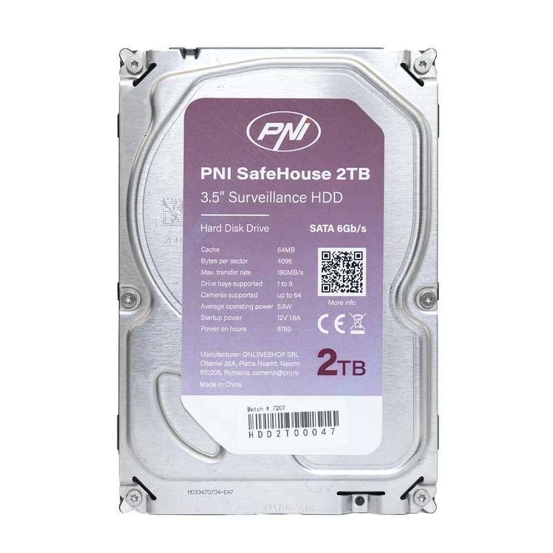 Internal Hard Disk PNI SafeHouse 2TB 3.5" HDD, CCTV, 64MB, SATA III, 7200 RPM for surveillance systems