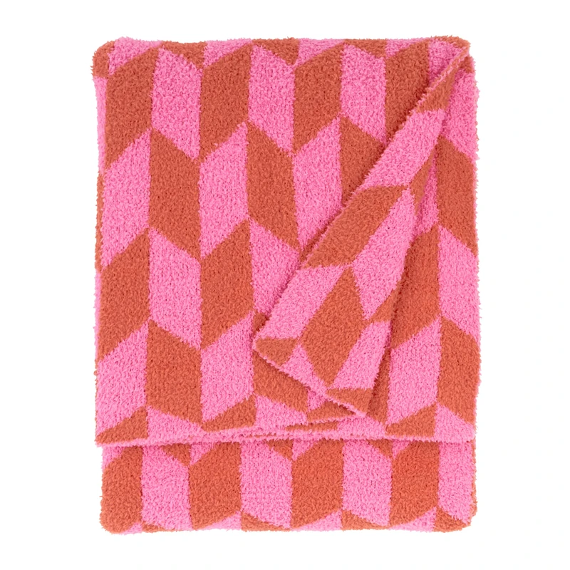 furn. Olsen Feather Yarn Throw – Soft Geometric Double Sided Blanket (Pink Pop – 130x180cm)