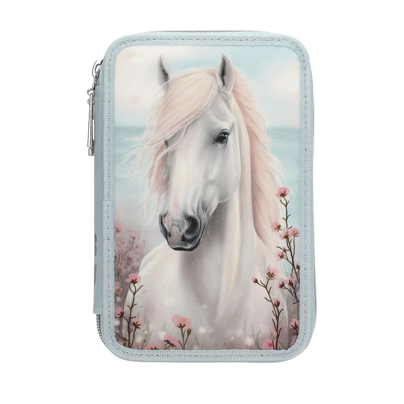 Depesche 13974 Miss Melody - Filled 2-Compartment Pencil Case in Light Blue with Horse Motif and Flowers, Pencil Case with Colouring Pencils, Scissors, Ruler and much more - Image 1