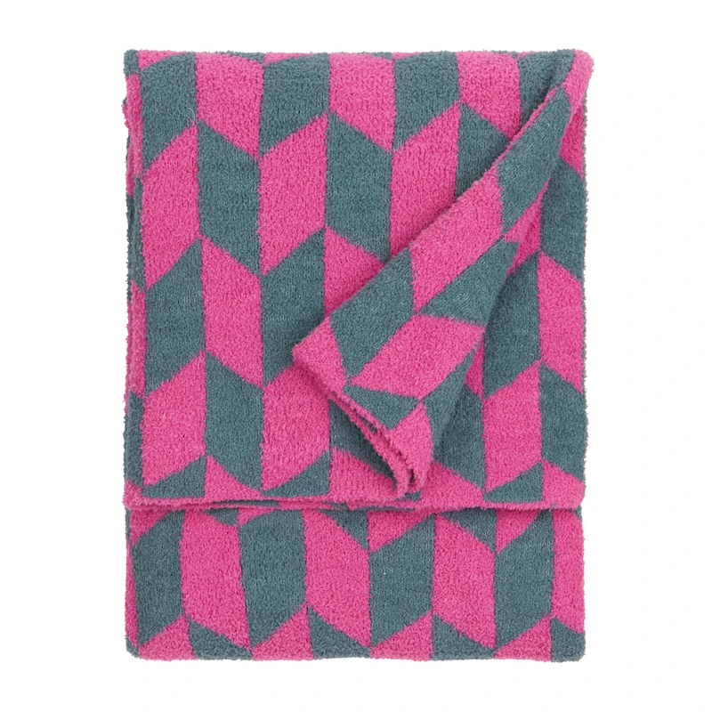 furn. Olsen Feather Yarn Throw – Soft Geometric Double Sided Blanket (Retro Pink – 130x180cm) - Image 1