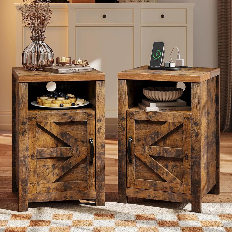 oneinmil Bedside Table with Charging Station, Farmhouse Sofa Side Table Set of 2 with Storage Cabinet, Bed Side End Table with USB, Nightstand with Door for Bedroom, for Bedroom, Living Room, Brown