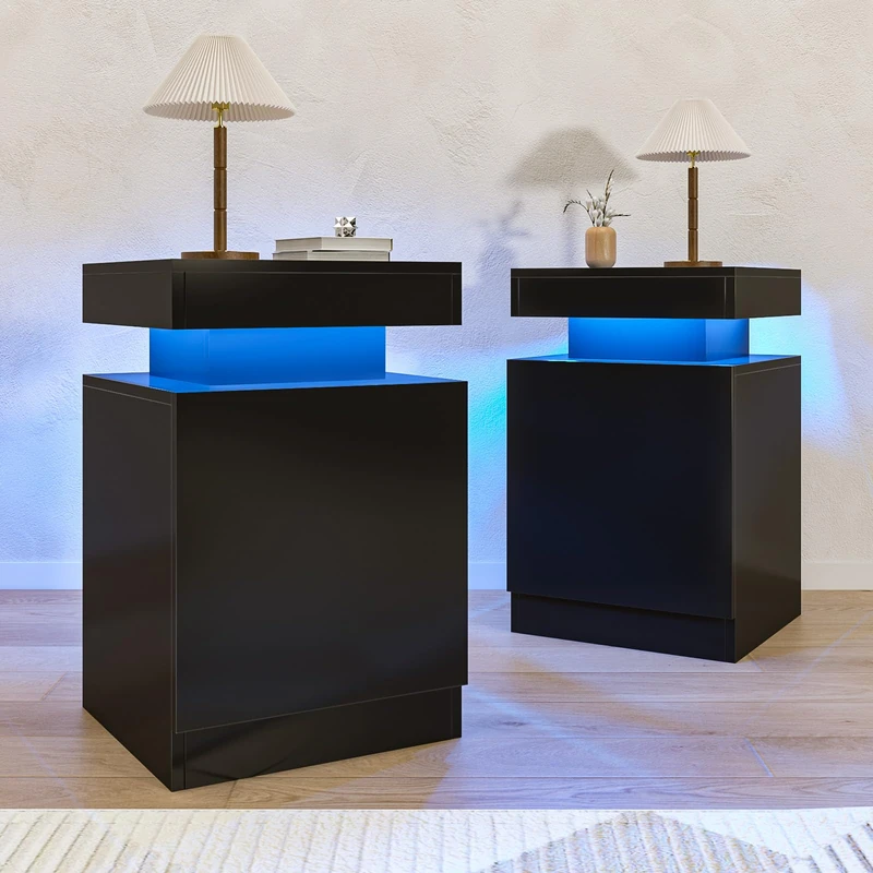 oneinmil Bedside Table Set of 2, Sofa Side Table with LED Lights, Bed Side End Table with Storage Cabinet, Nightstand with Door, for Bedroom, Living Room, Black